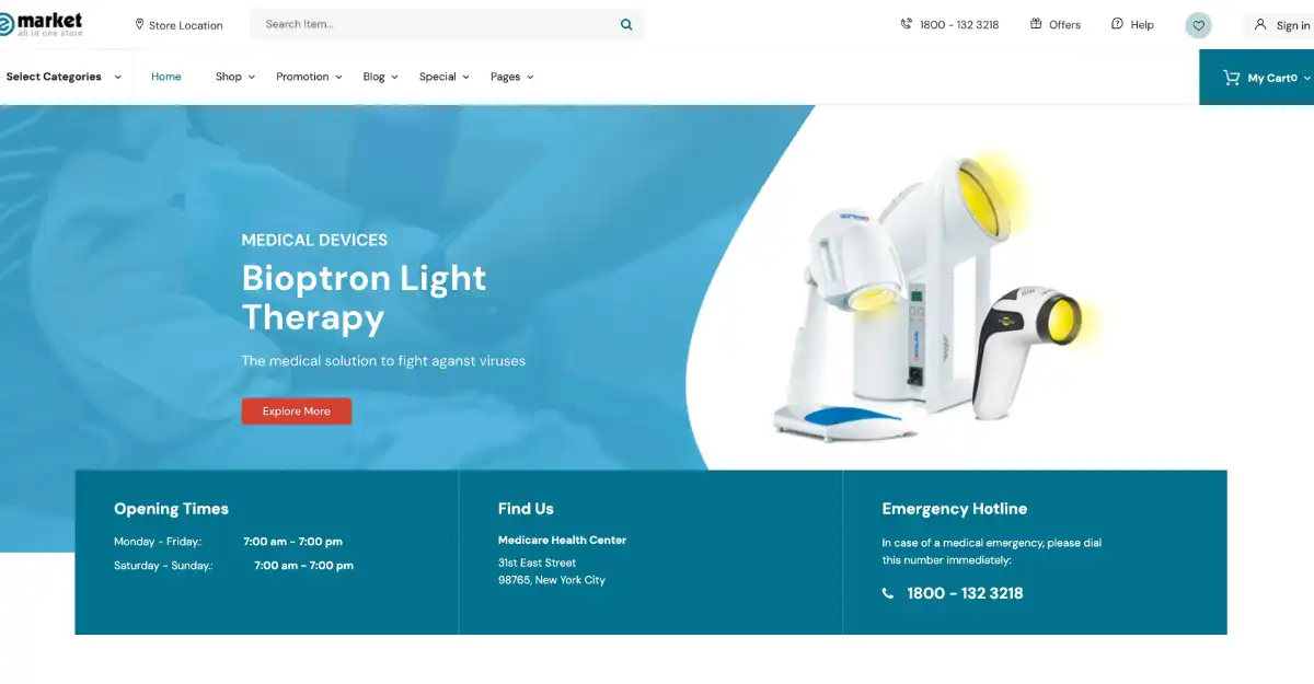 eMarket Woocommerce Theme Medical Shop View Demo