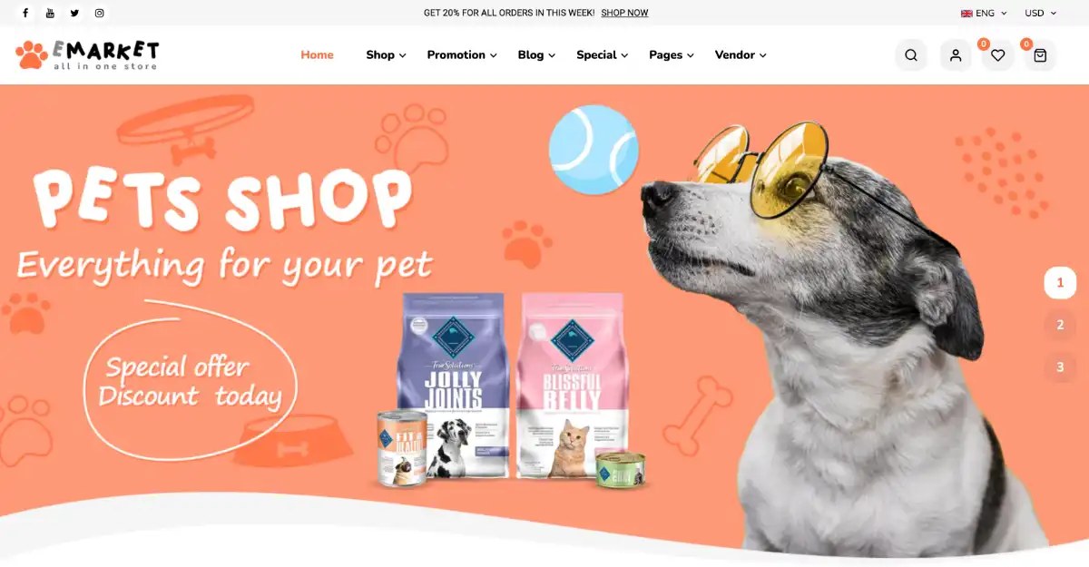 eMarket Woocommerce Theme Pet Shop View Demo